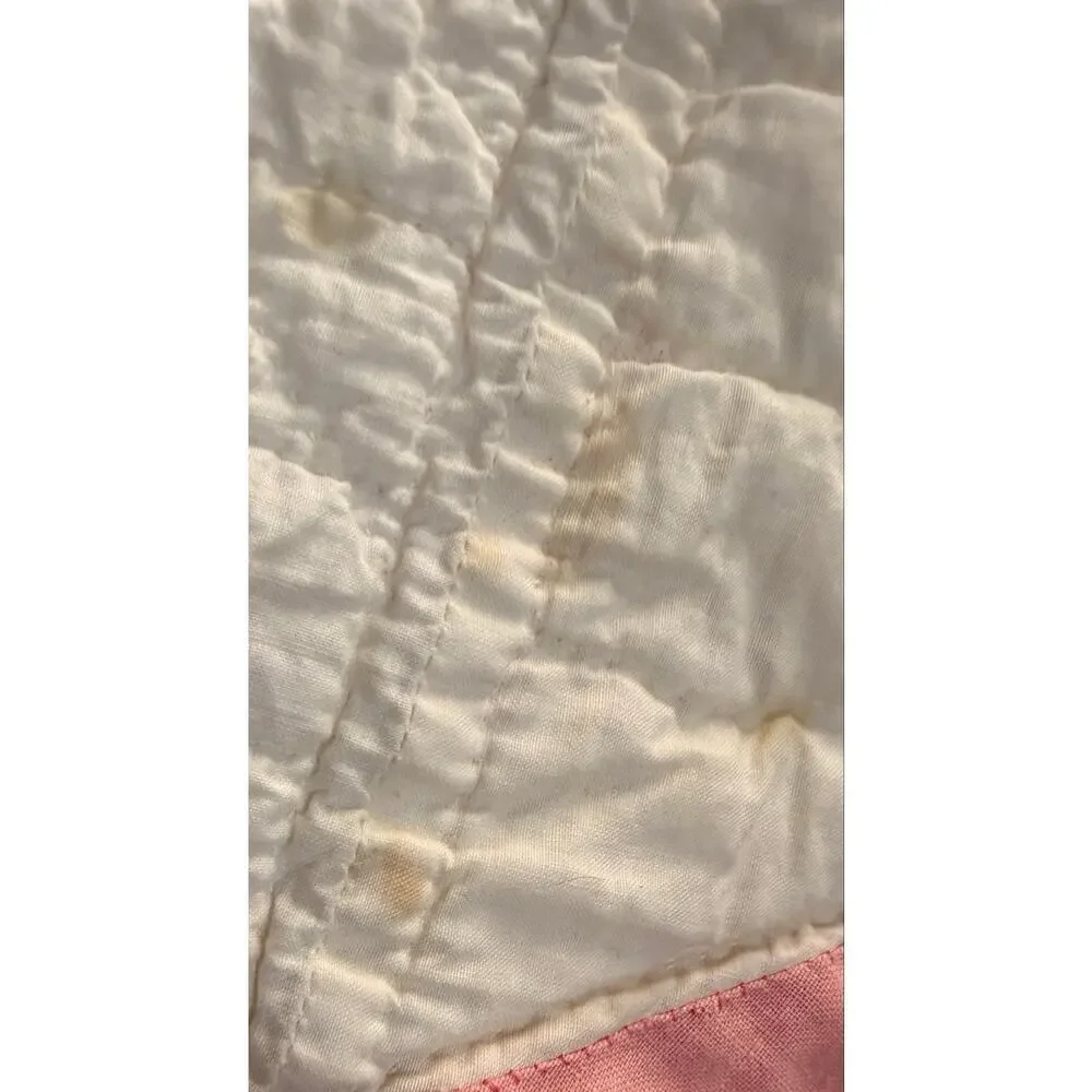 Vintage Handmade Pink Tulip Applique Quilt Floral White Cotton Bedspread